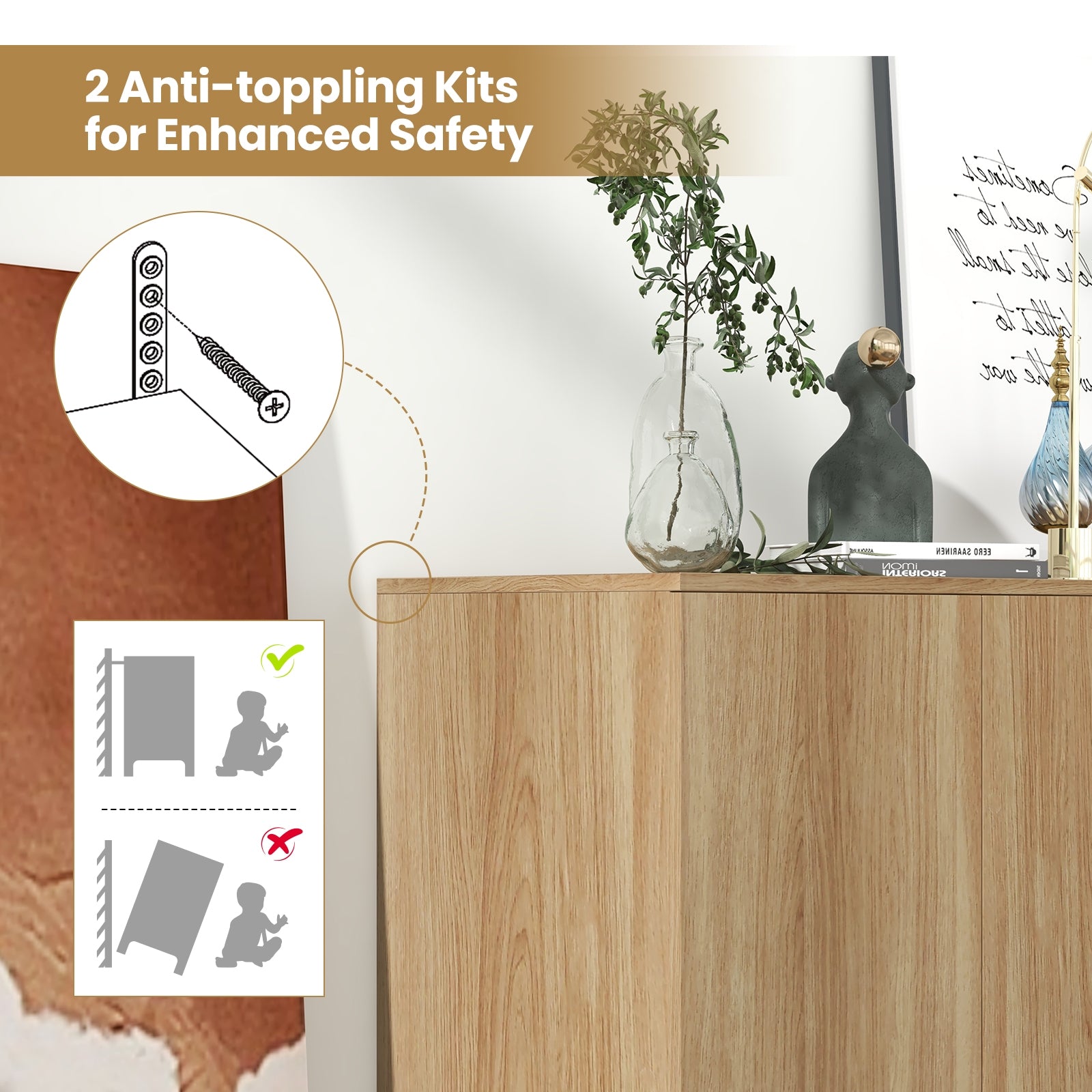 63 Inches Buffet Sideboard with 4 Compartments and Push-to-Open Cabinet, Natural Sideboards Cabinets & Buffets at Gallery Canada