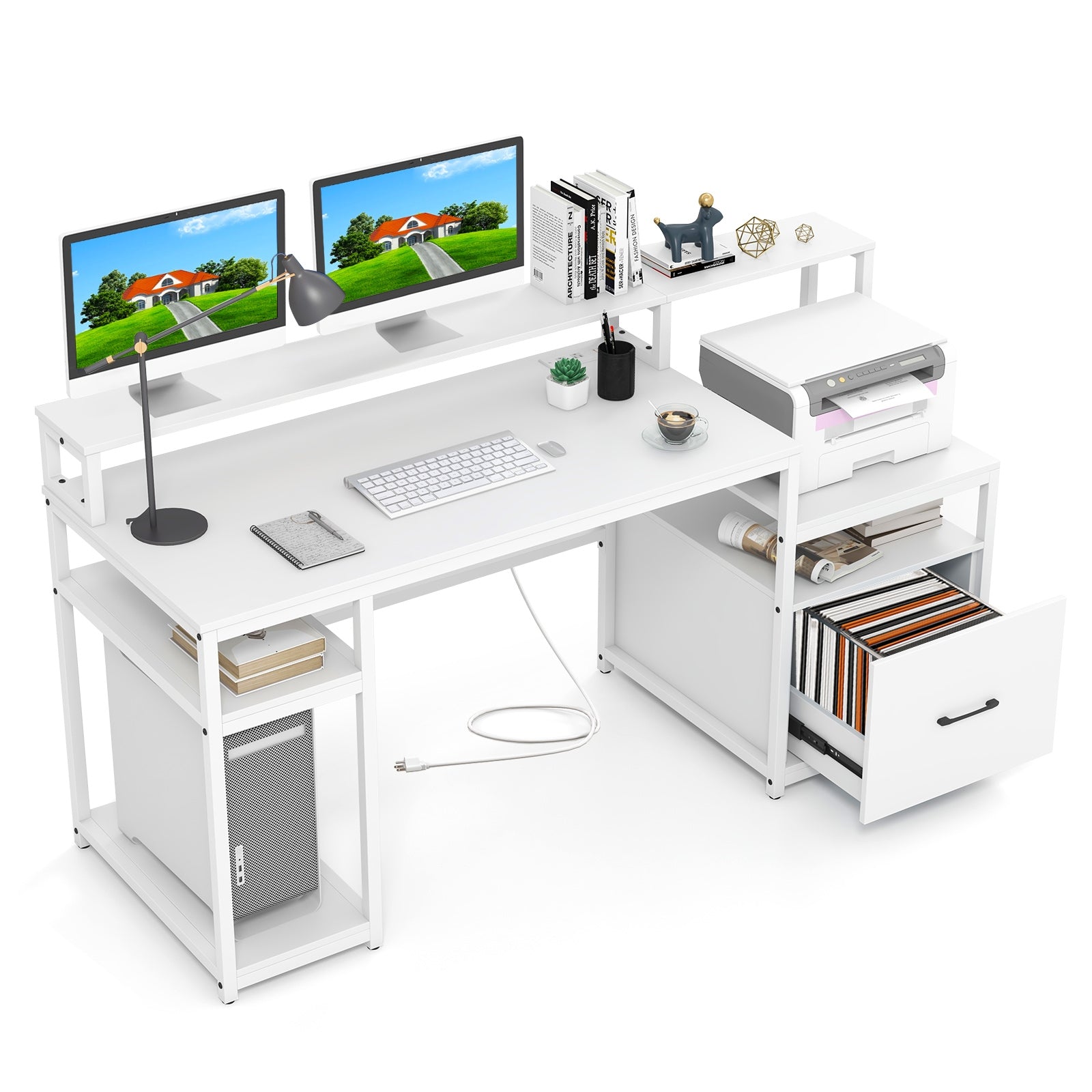 67 Inch Computer Desk with Monitor Stand & File Drawer, White Computer Desks at Gallery Canada