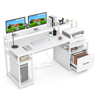 67 Inch Computer Desk With Monitor Stand, File Drawer, White
