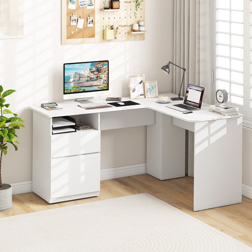 L-Shaped Computer Desk with Letter File Drawer, White