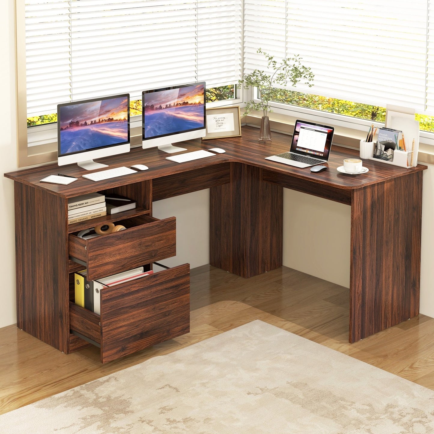 L-Shaped Computer Desk with Letter File Drawer, Walnut - Gallery Canada
