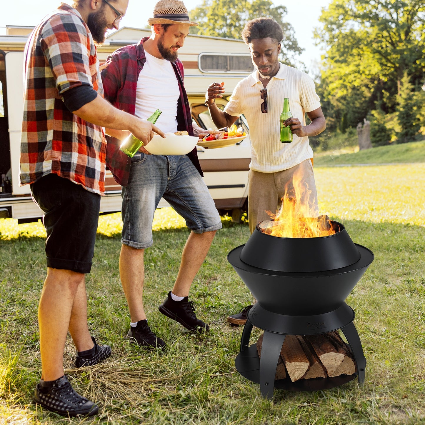 20 Inch Patio Fire Pit Metal Camping Fire Bowl with Pot Holder and Storage Shelf, Black Fire Pits at Gallery Canada