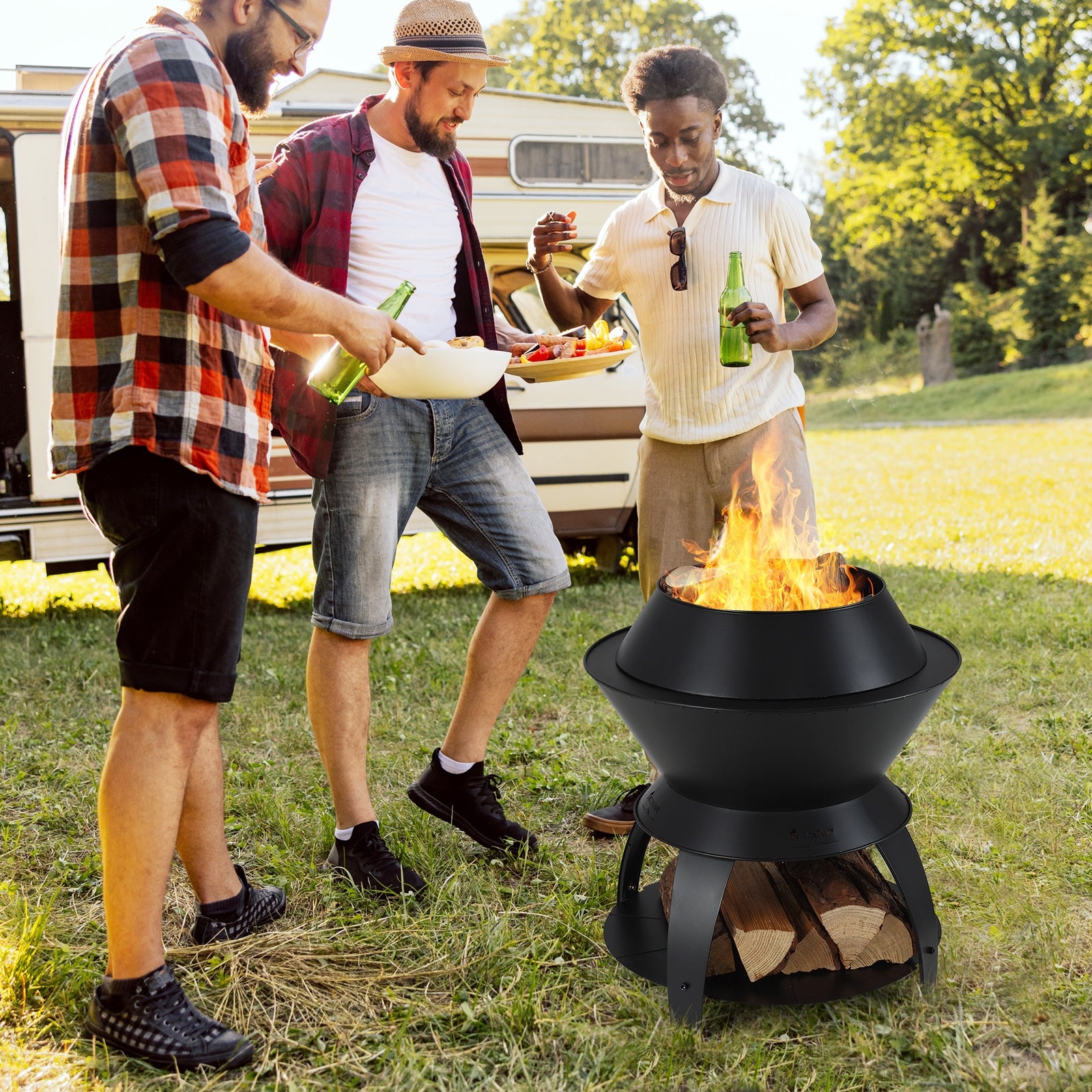 20 Inch Patio Fire Pit Metal Camping Fire Bowl with Pot Holder and Storage Shelf, Black Fire Pits at Gallery Canada