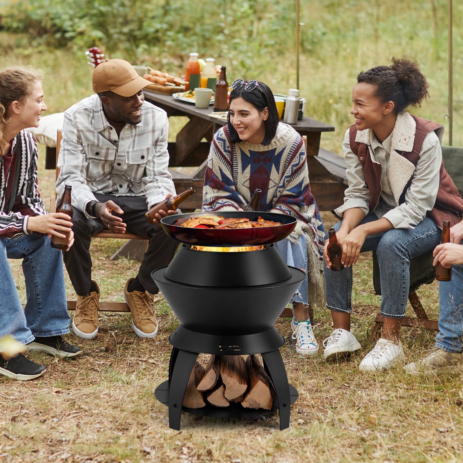 20 Inch Patio Fire Pit Metal Camping Fire Bowl with Pot Holder and Storage Shelf, Black Fire Pits at Gallery Canada