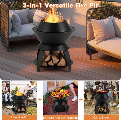 20 Inch Patio Fire Pit Metal Camping Fire Bowl with Pot Holder and Storage Shelf, Black Fire Pits at Gallery Canada