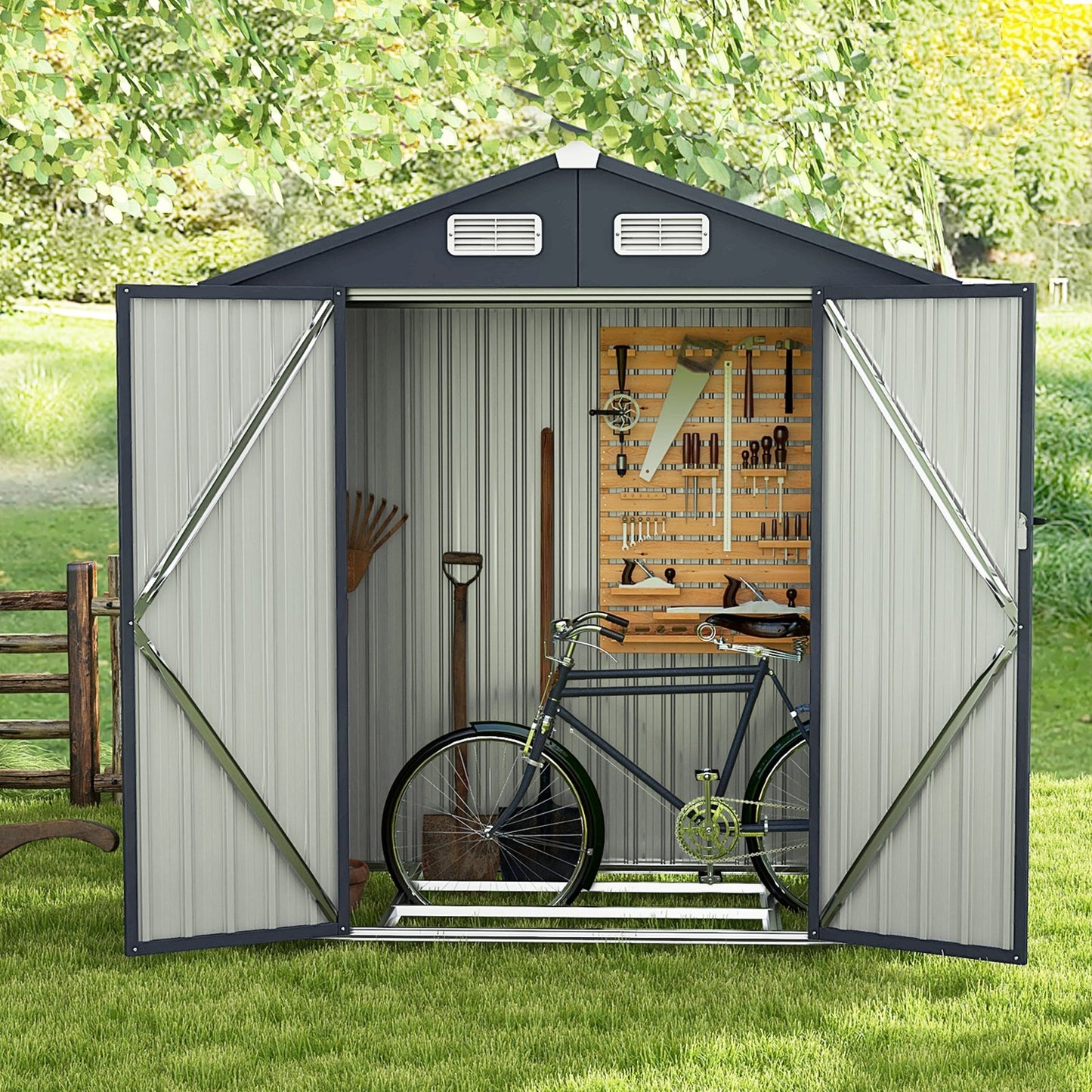 6.3 x 3.5 /10 x 7.7 Feet Galvanized Metal Storage Shed with Vents and Base Floor-6 ft, Dark Gray
