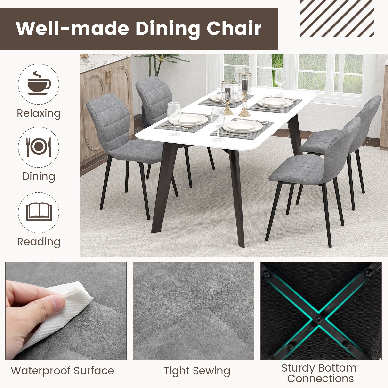 Dining Chairs Set of 2 with Padded Back Metal Legs and Adjustable Foot Pads, Gray Dining Chairs at Gallery Canada