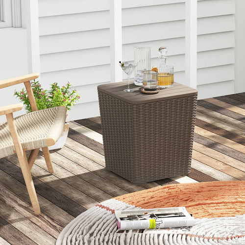 Outdoor Resin Storage Side Table, Removable Lid, Wicker Accent, Coffee