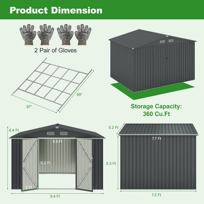 6.3 x 3.5 /10 x 7.7 Feet Galvanized Metal Storage Shed with Vents and Base Floor-10 ft, Dark Gray