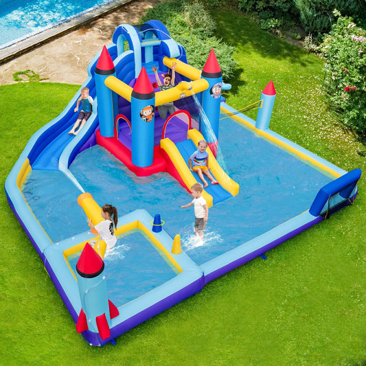 Rocket Theme Inflatable Water Slide Park with 950W Blower, Blue - Gallery Canada