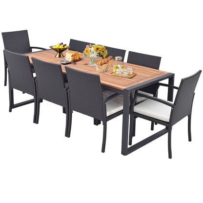 9 Pieces Patio Rattan Dining Set with Acacia Wood Table for Backyard Garden-L-shaped Handrail, Brown Patio Furniture Sets at Gallery Canada