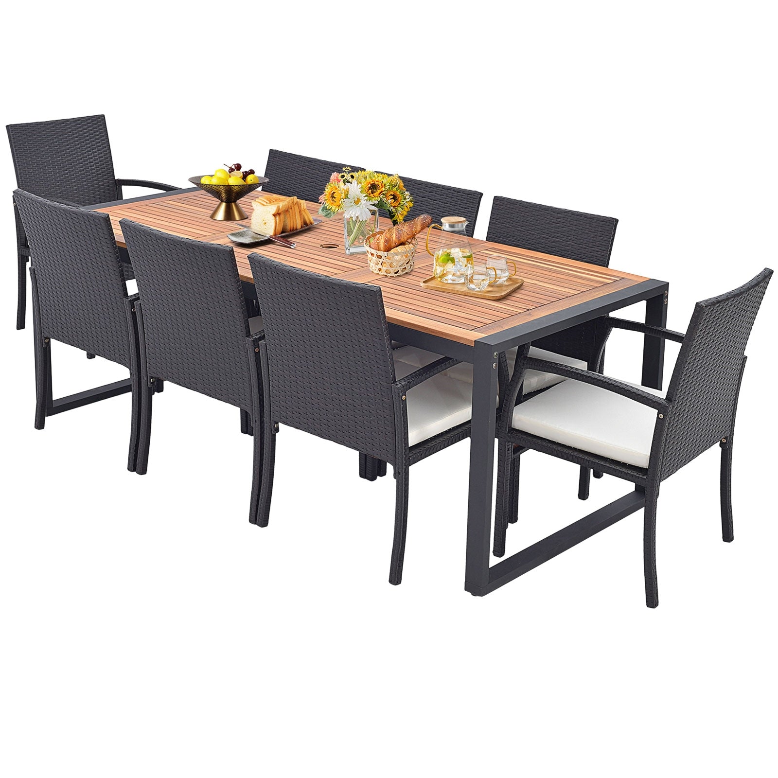 9 Pieces Patio Rattan Dining Set with Acacia Wood Table for Backyard Garden-L-shaped Handrail, Brown Patio Furniture Sets Mix Brown, Off White at Gallery Canada