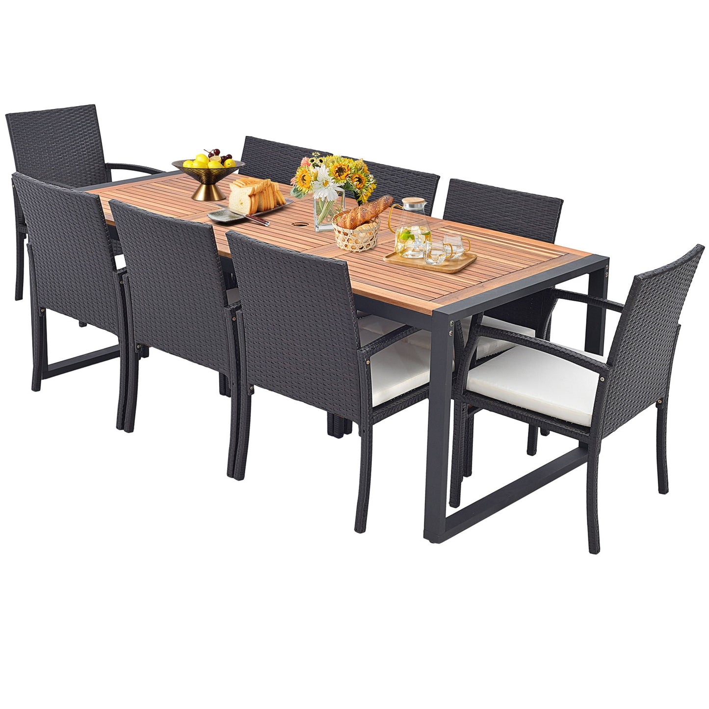 9 Pieces Patio Rattan Dining Set with Acacia Wood Table for Backyard Garden-L-shaped Handrail, Brown Patio Furniture Sets Mix Brown, Off White at Gallery Canada
