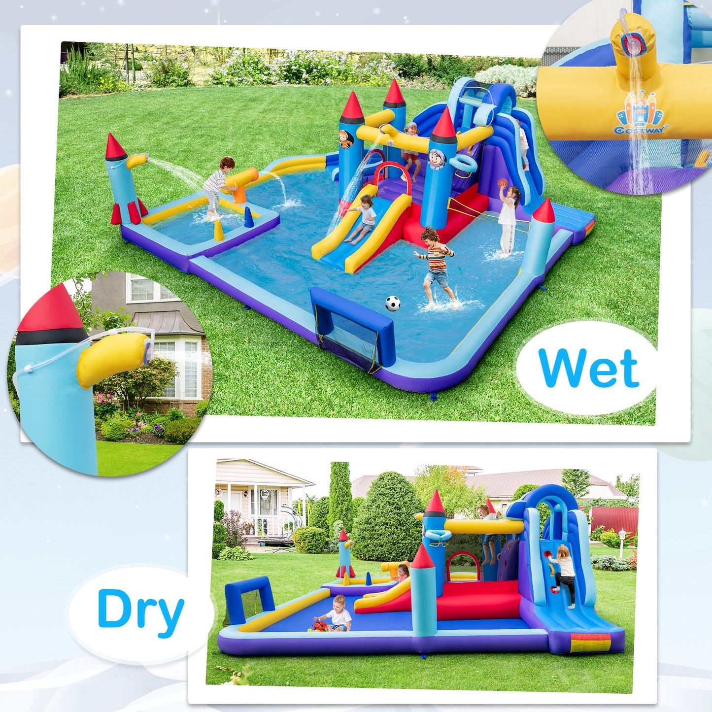 Rocket Theme Inflatable Water Slide Park with 950W Blower, Blue Bounce House at Gallery Canada