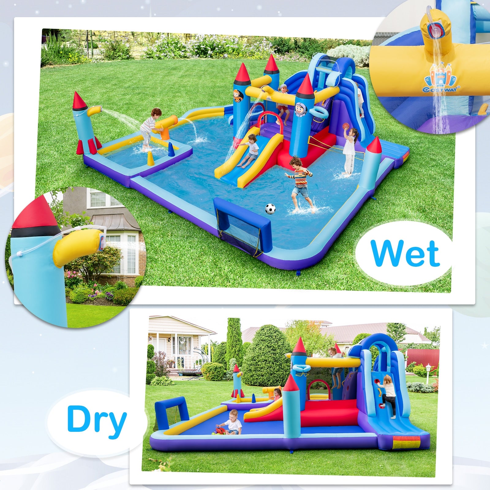 Rocket Theme Inflatable Water Slide Park with 950W Blower, Blue Bounce House at Gallery Canada