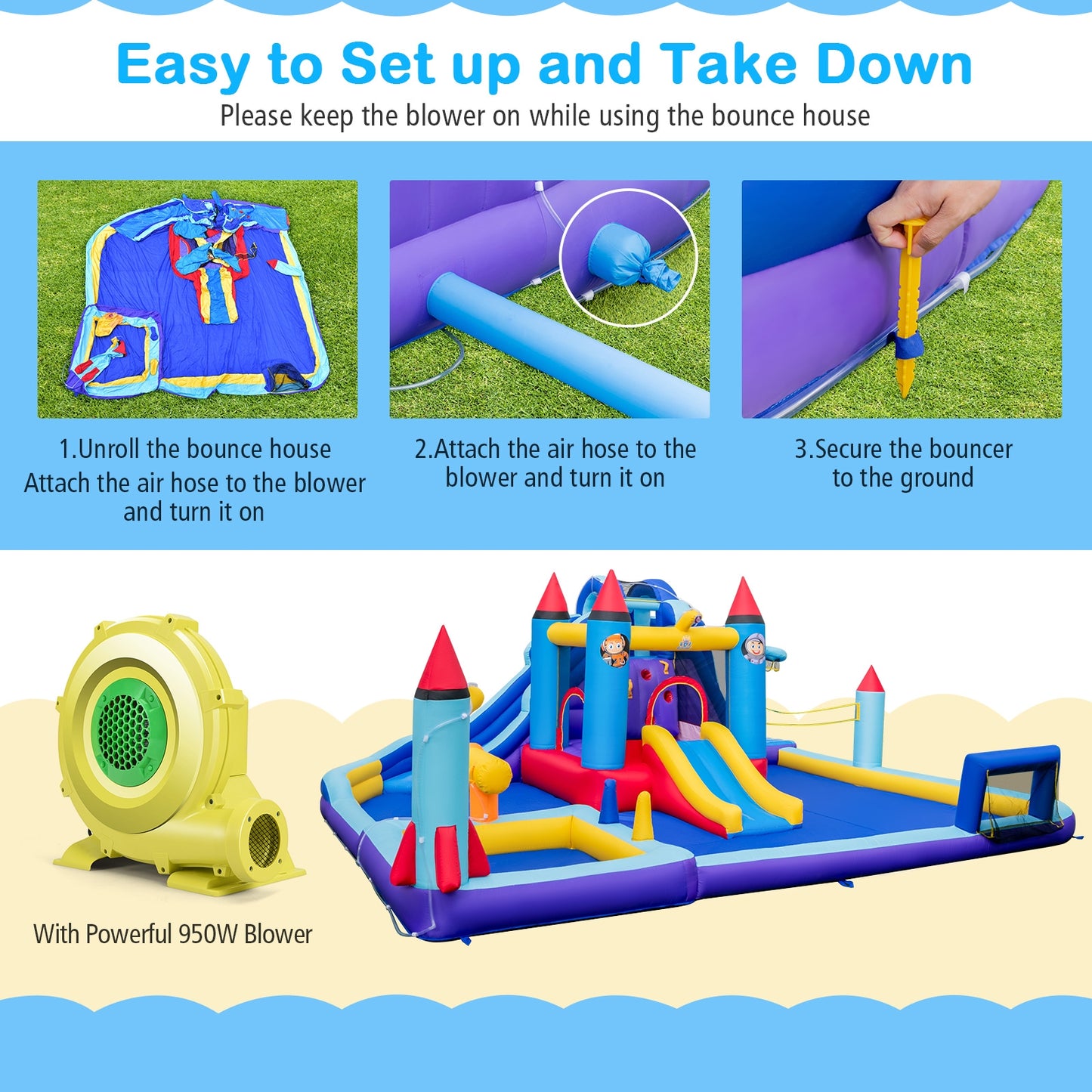 Rocket Theme Inflatable Water Slide Park with 950W Blower, Blue Bounce House at Gallery Canada