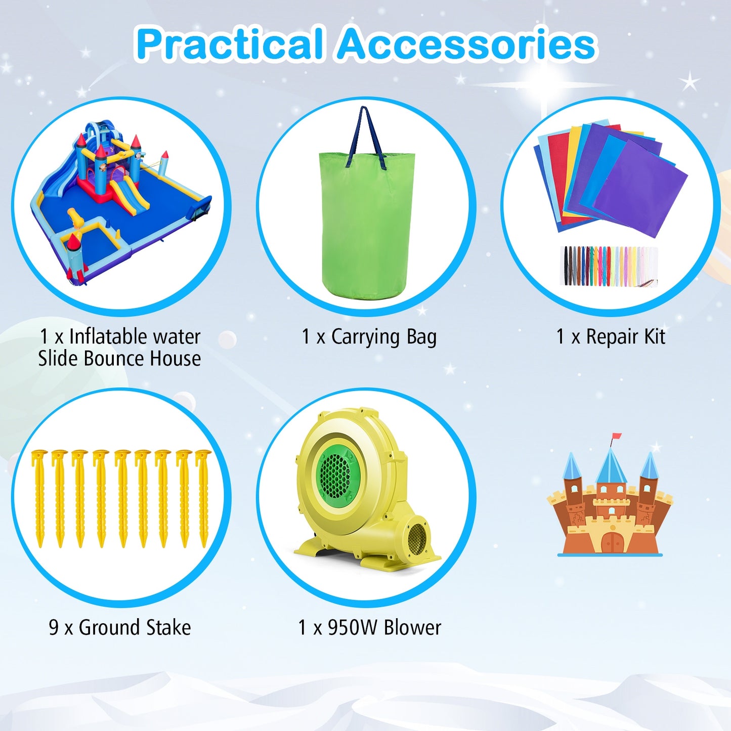 Rocket Theme Inflatable Water Slide Park with 950W Blower, Blue Bounce House at Gallery Canada