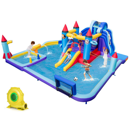 Rocket Theme Inflatable Water Slide Park with 1100W Blower, Blue