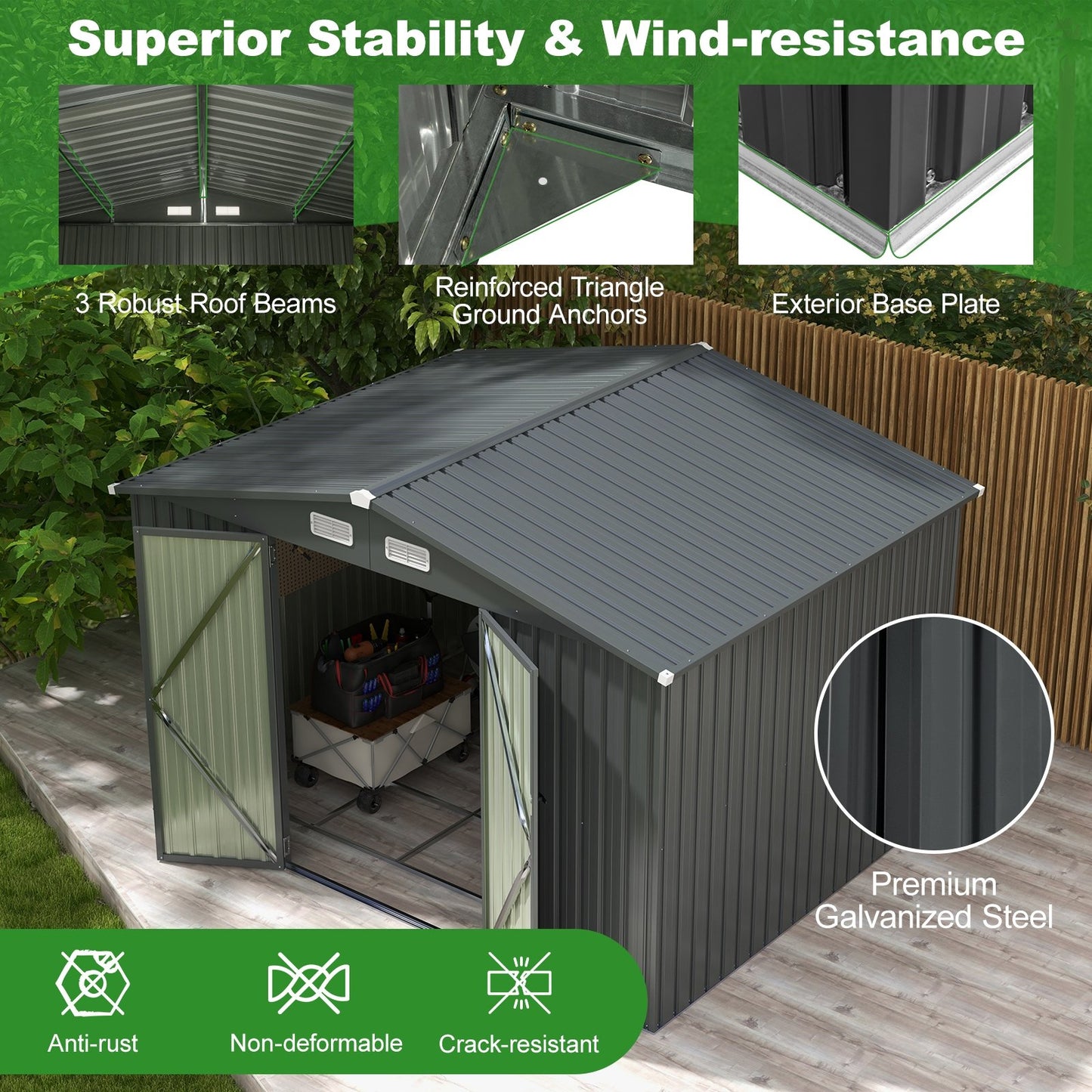 6.3 x 3.5 /10 x 7.7 Feet Galvanized Metal Storage Shed with Vents and Base Floor-10 ft, Dark Gray