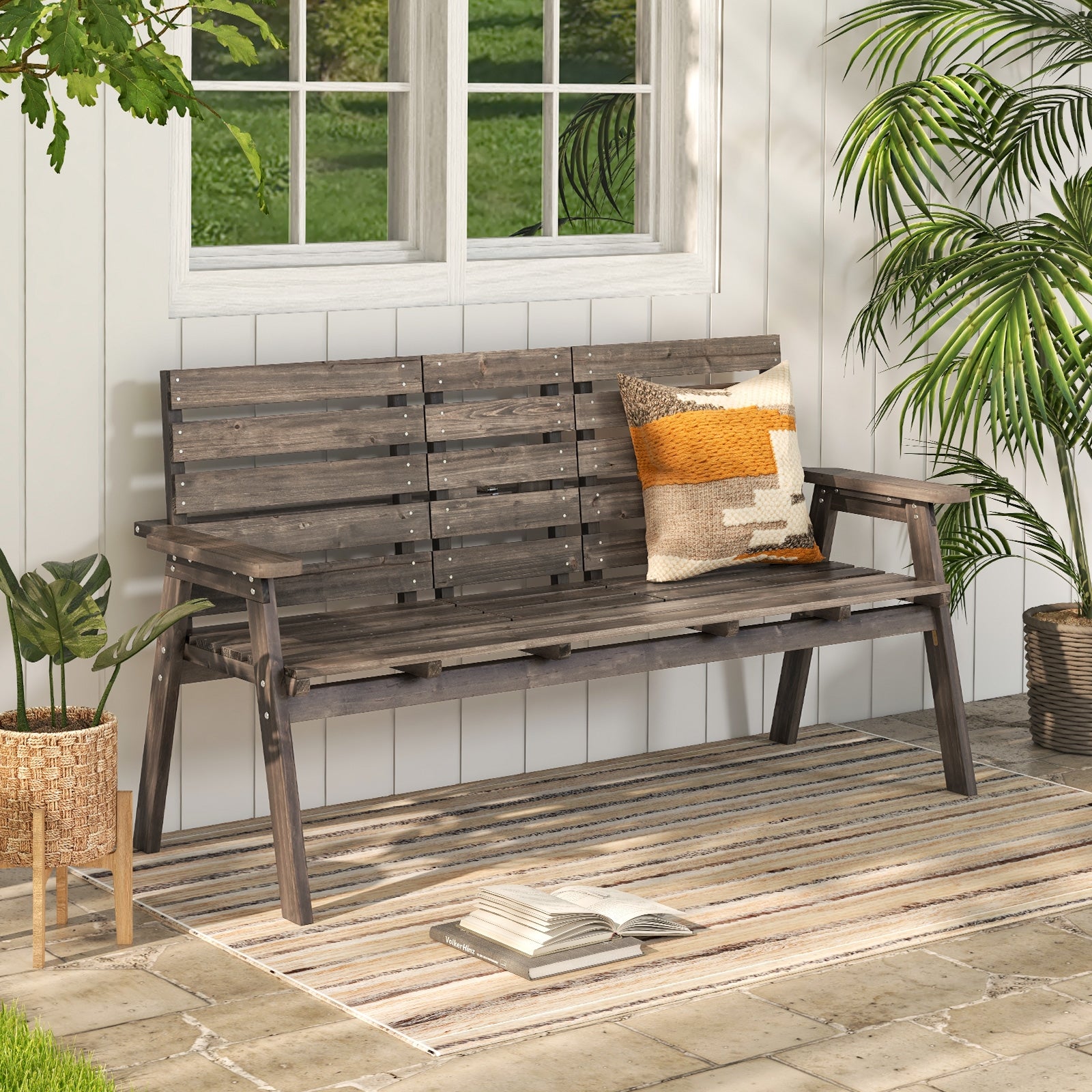 Outdoor Fir Wood Bench with Foldable Middle Table, Gray Beach & Lawn Chairs at Gallery Canada