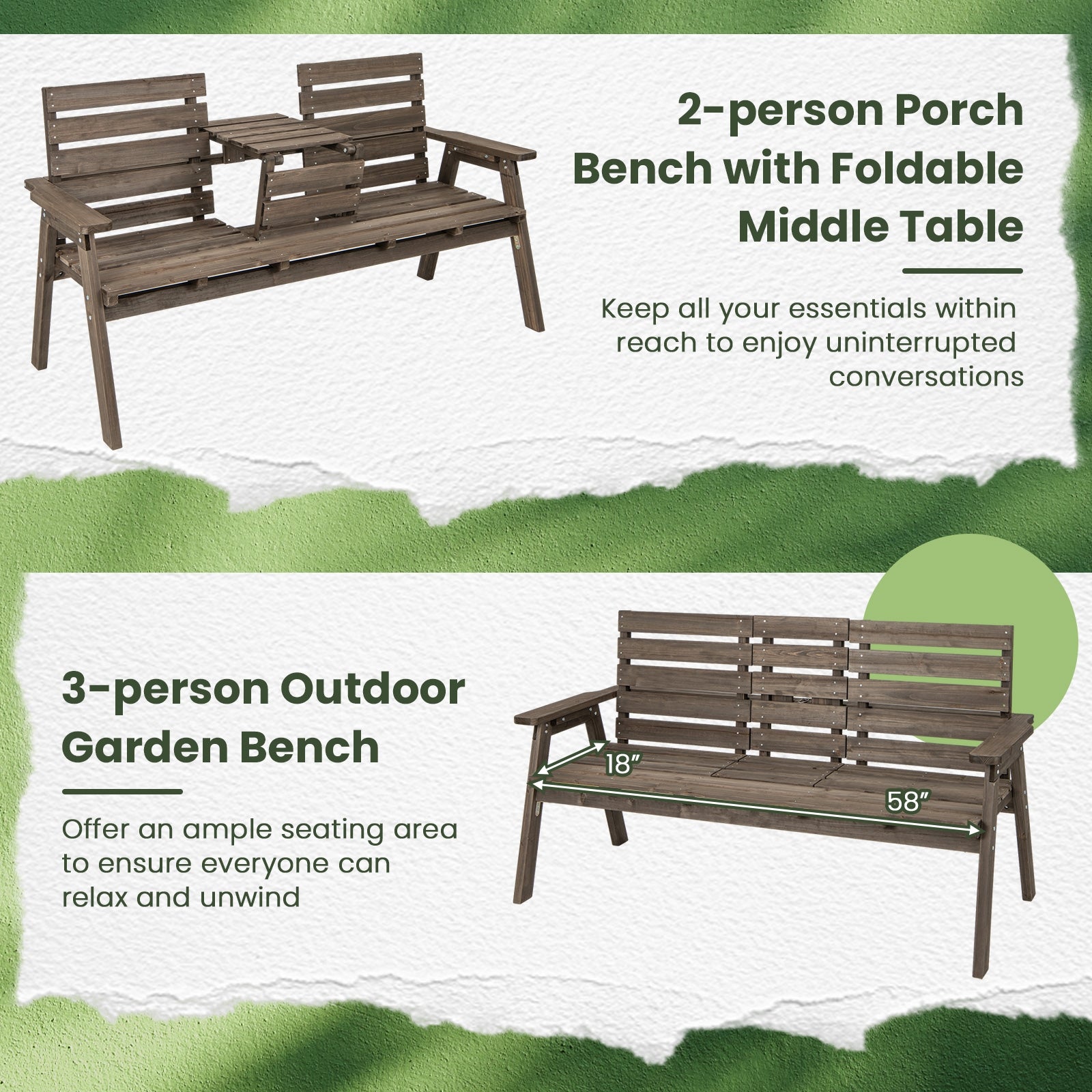 Outdoor Fir Wood Bench with Foldable Middle Table, Gray Beach & Lawn Chairs at Gallery Canada
