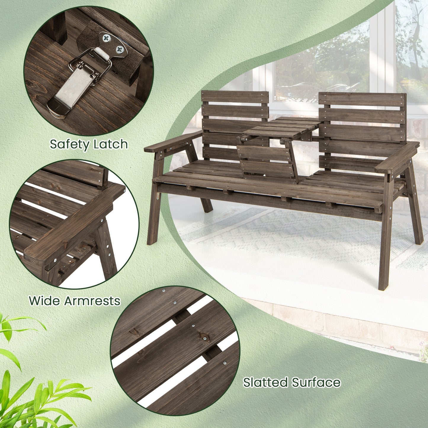Outdoor Fir Wood Bench with Foldable Middle Table, Gray Beach & Lawn Chairs at Gallery Canada