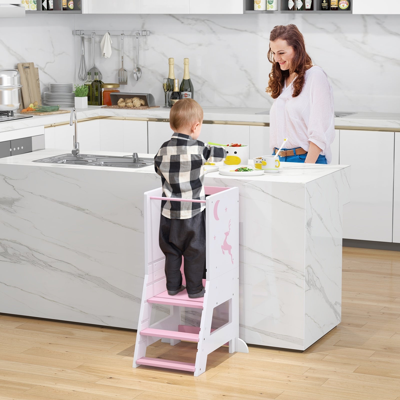 Toddler Kitchen Stool Helper Baby Standing Tower with Chalkboard and Whiteboard, Pink Toddler & Kids Furniture at Gallery Canada