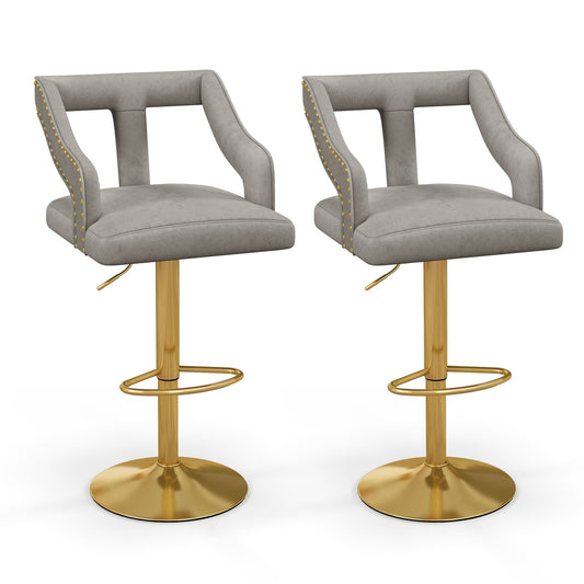 Set of 2 Bar Chairs with Footrest and 2-Layer Electroplated Metal Base, Gray