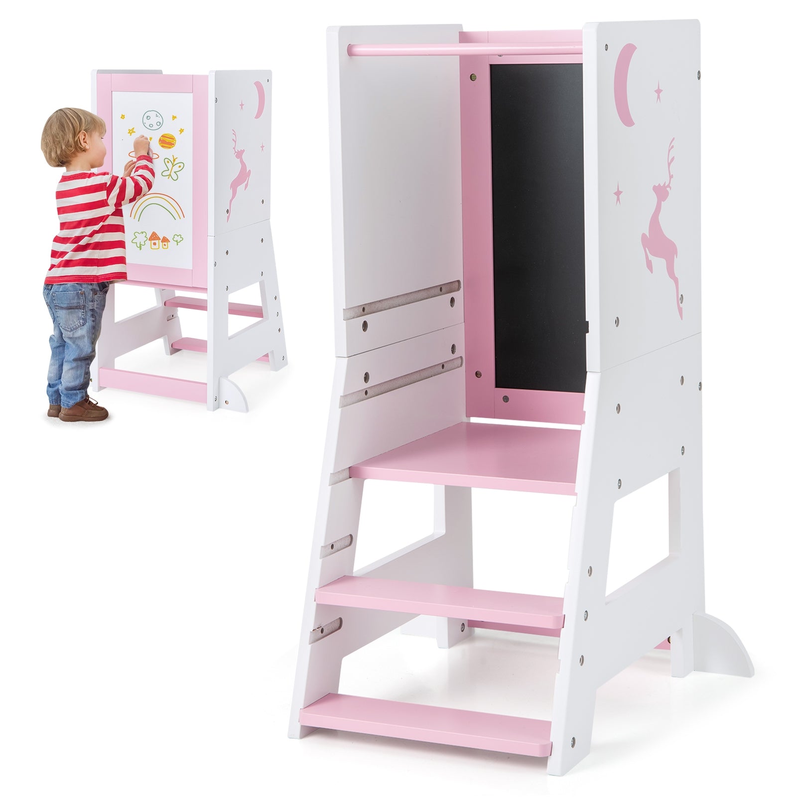 Toddler Kitchen Stool Helper Baby Standing Tower with Chalkboard and Whiteboard, Pink Toddler & Kids Furniture at Gallery Canada