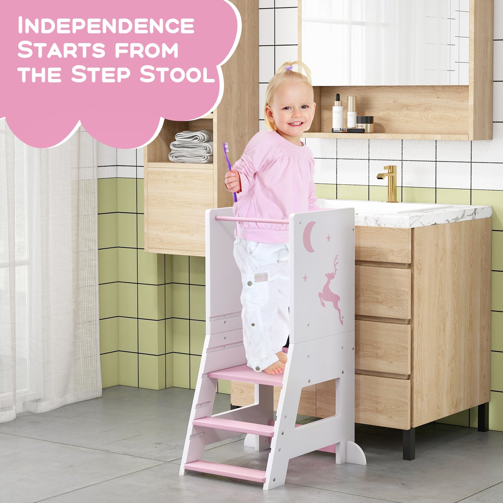 Toddler Kitchen Stool Helper Baby Standing Tower with Chalkboard and Whiteboard, Pink Toddler & Kids Furniture at Gallery Canada