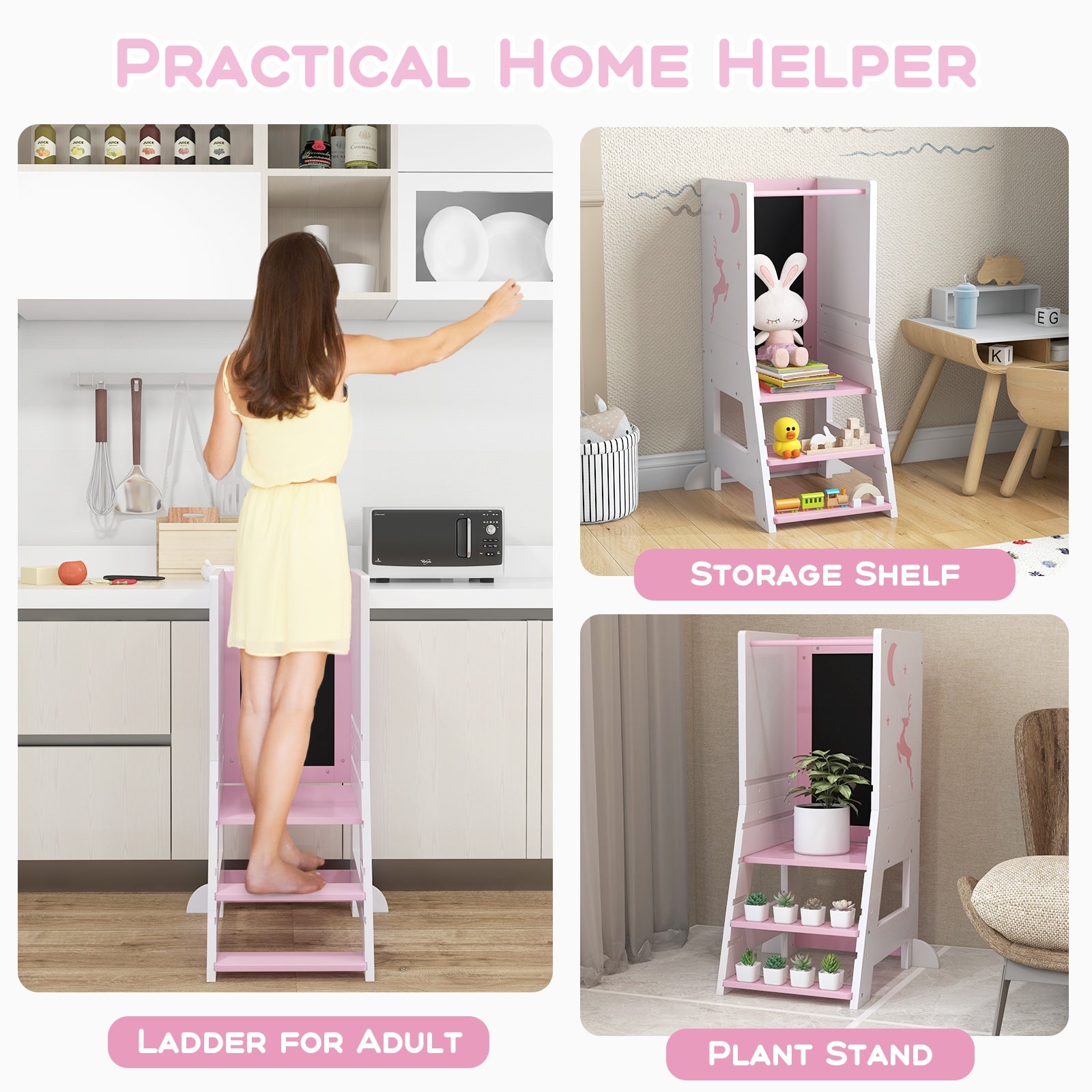 Toddler Kitchen Stool Helper Baby Standing Tower with Chalkboard and Whiteboard, Pink Toddler & Kids Furniture at Gallery Canada