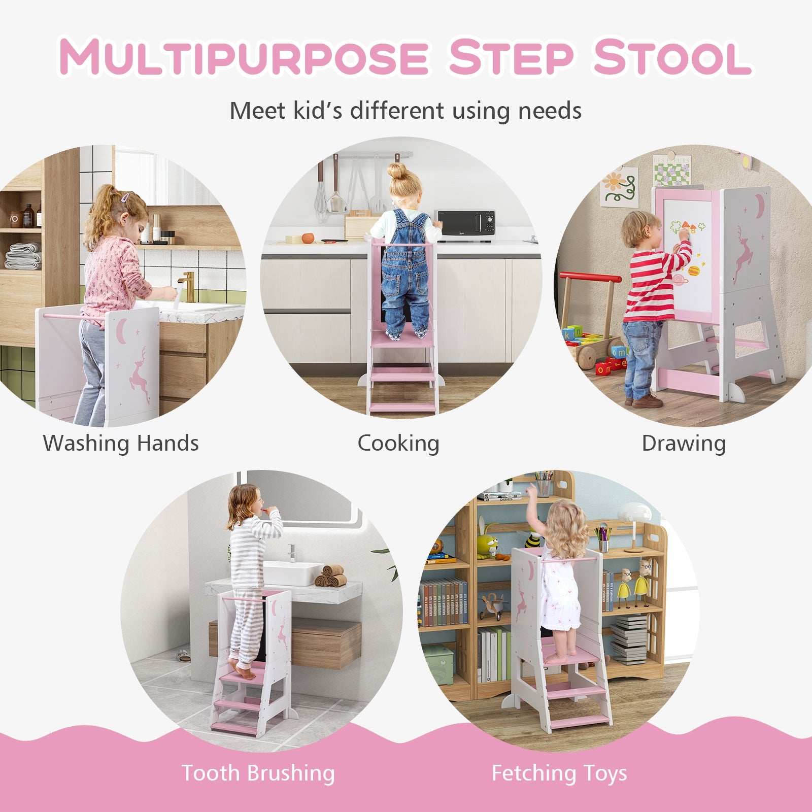 Toddler Kitchen Stool Helper Baby Standing Tower with Chalkboard and Whiteboard, Pink Toddler & Kids Furniture at Gallery Canada