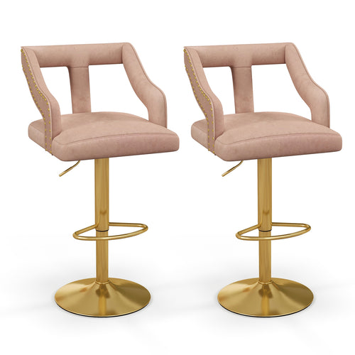Set Of 2 Bar Chairs With Footrest, 2-Layer Electroplated Metal Base, Pink