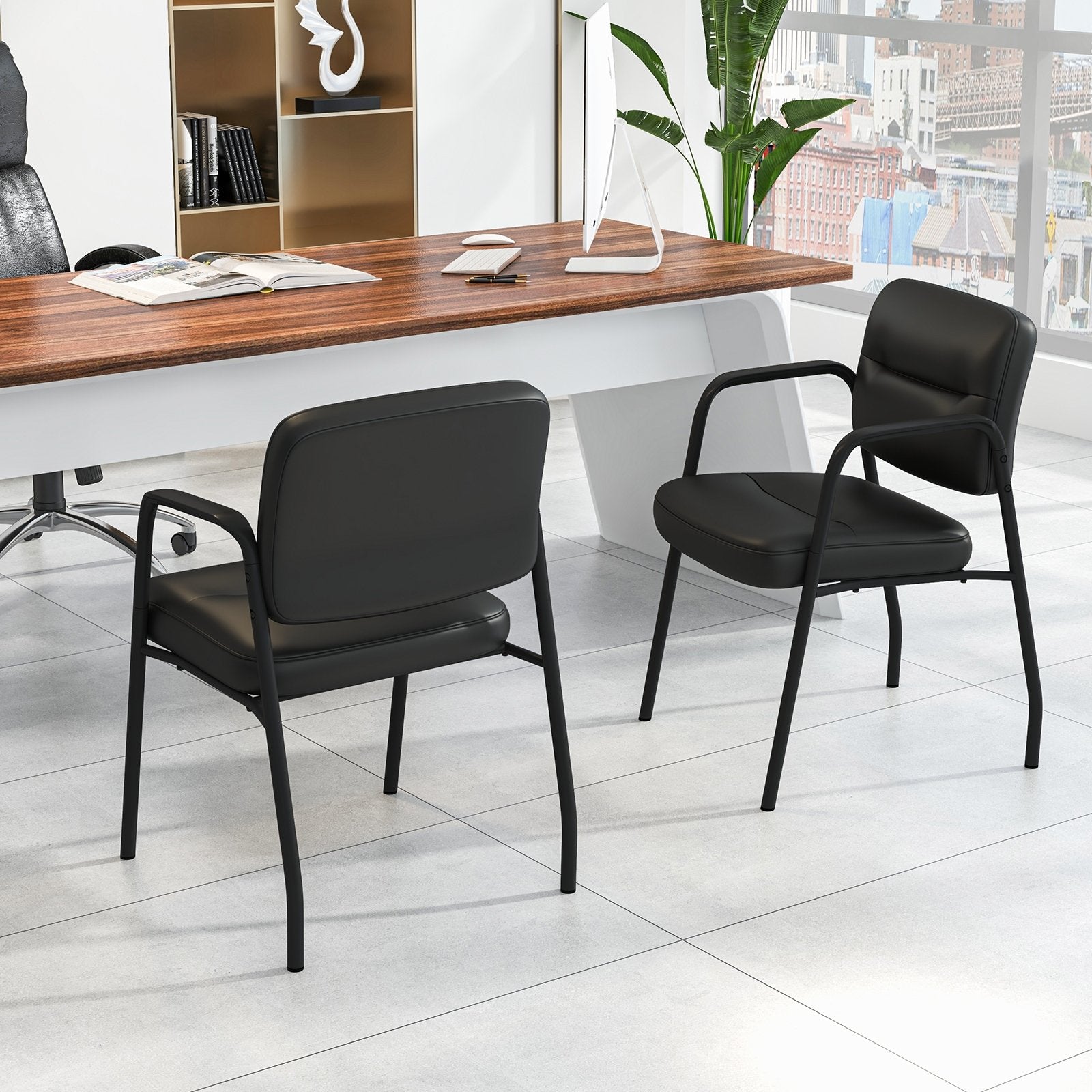 Waiting Room Guest Chair Set of 2 Upholstered Reception Chairs with Mixed PU Leather and Integrated Armrests, Black - Gallery Canada