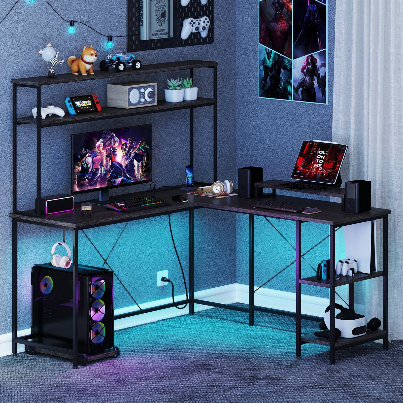 L-Shaped Reversible Gaming Desk with LED Strip and Power Outlets Hutch Monitor Stand, Gray L-Shaped Desks at Gallery Canada