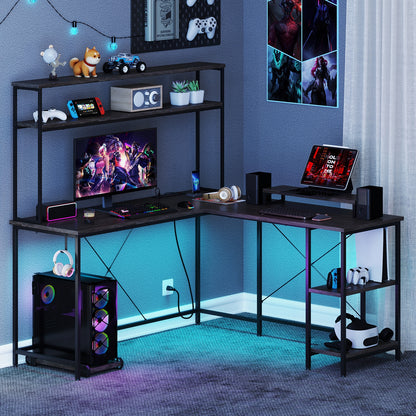 L-Shaped Reversible Gaming Desk with LED Strip and Power Outlets Hutch Monitor Stand, Gray L-Shaped Desks at Gallery Canada