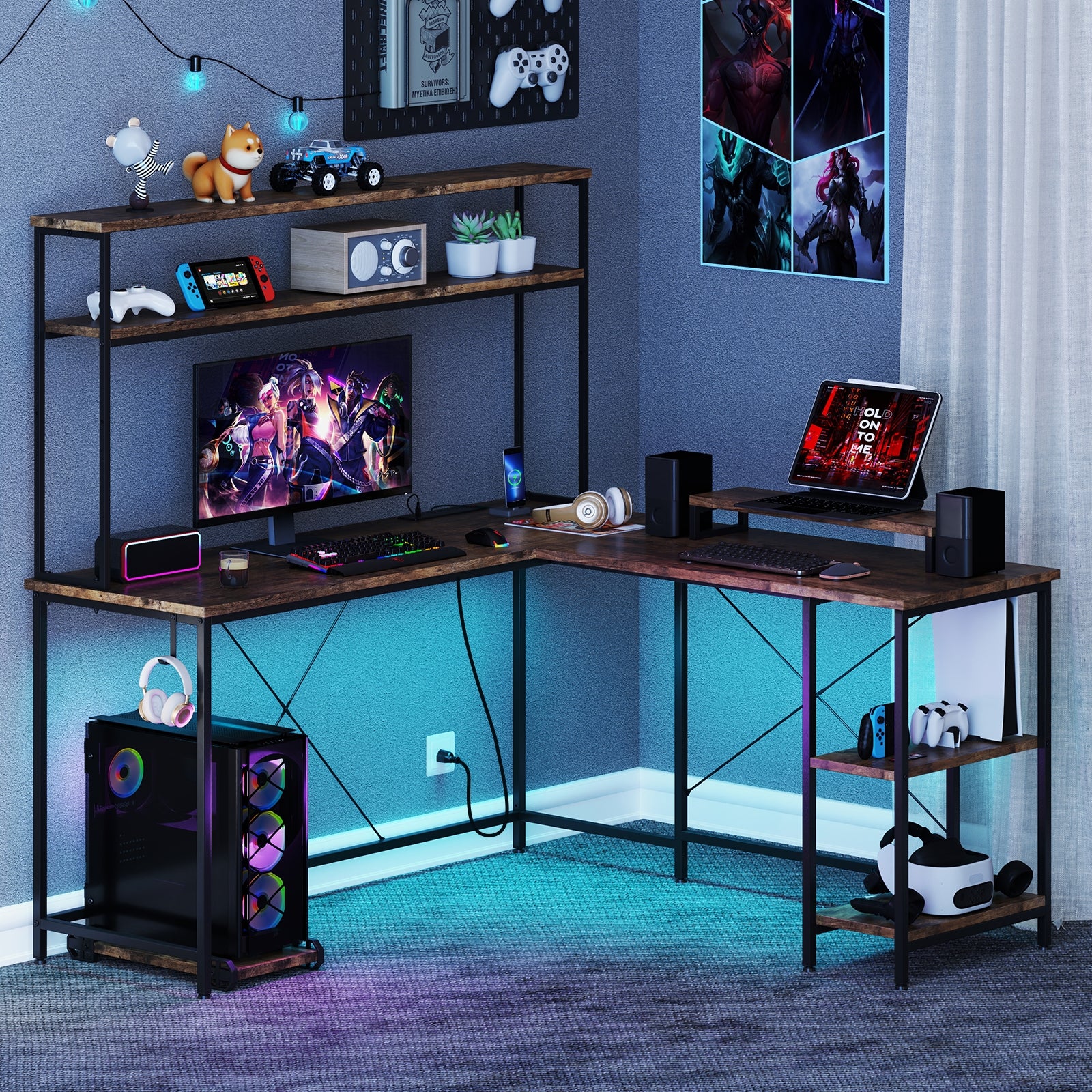 L-Shaped Reversible Gaming Desk with LED Strip and Power Outlets Hutch Monitor Stand, Rustic Brown L-Shaped Desks at Gallery Canada