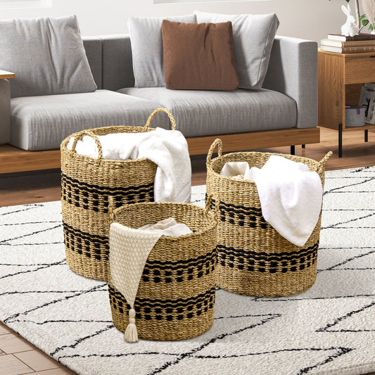 Seagrass Basket Set of 3 Stackable Storage Bins with Handles Woven Round Basket-M, Natural - Gallery Canada