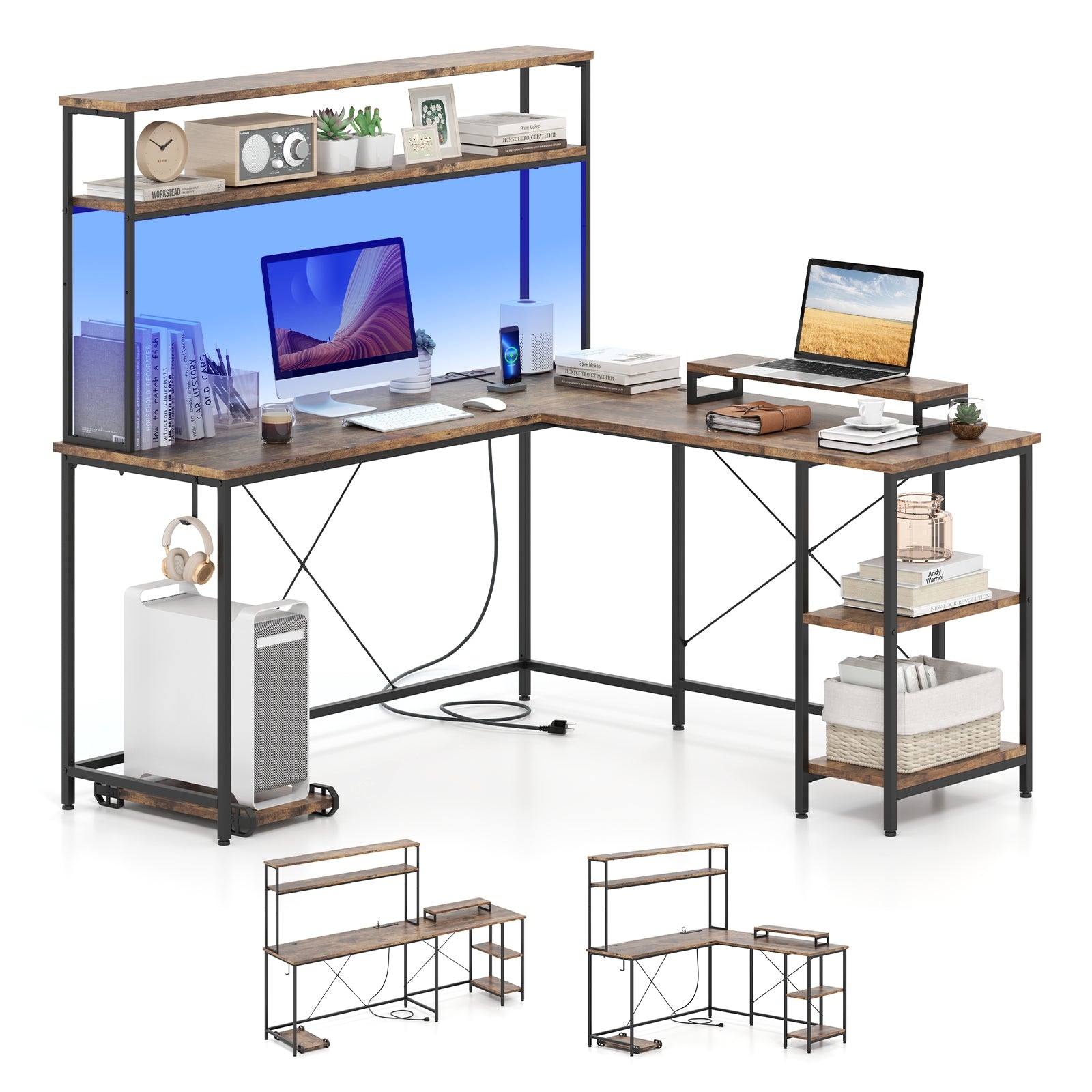 L-Shaped Reversible Gaming Desk, LED Strip, Power Outlets, Rustic Brown L-Shaped Desks Rustic Brown at Gallery Canada