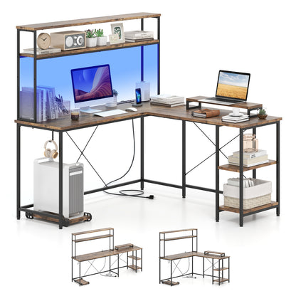 L-Shaped Reversible Gaming Desk, LED Strip, Power Outlets, Rustic Brown L-Shaped Desks Rustic Brown at Gallery Canada