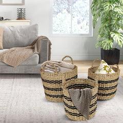 Seagrass Basket Set of 3 Stackable Storage Bins with Handles Woven Round Basket-S, Natural - Gallery Canada