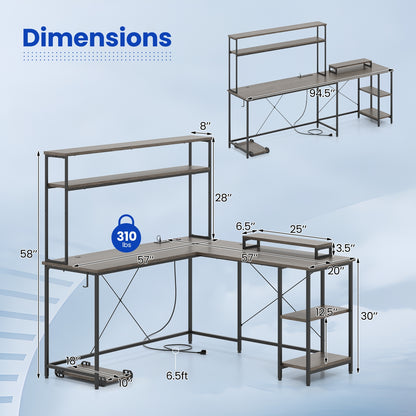 L-Shaped Reversible Gaming Desk with LED Strip and Power Outlets Hutch Monitor Stand, Gray L-Shaped Desks at Gallery Canada