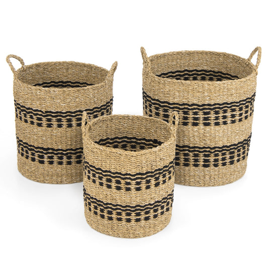 Seagrass Basket Set of 3 Stackable Storage Bins with Handles Woven Round Basket-M, Natural - Gallery Canada