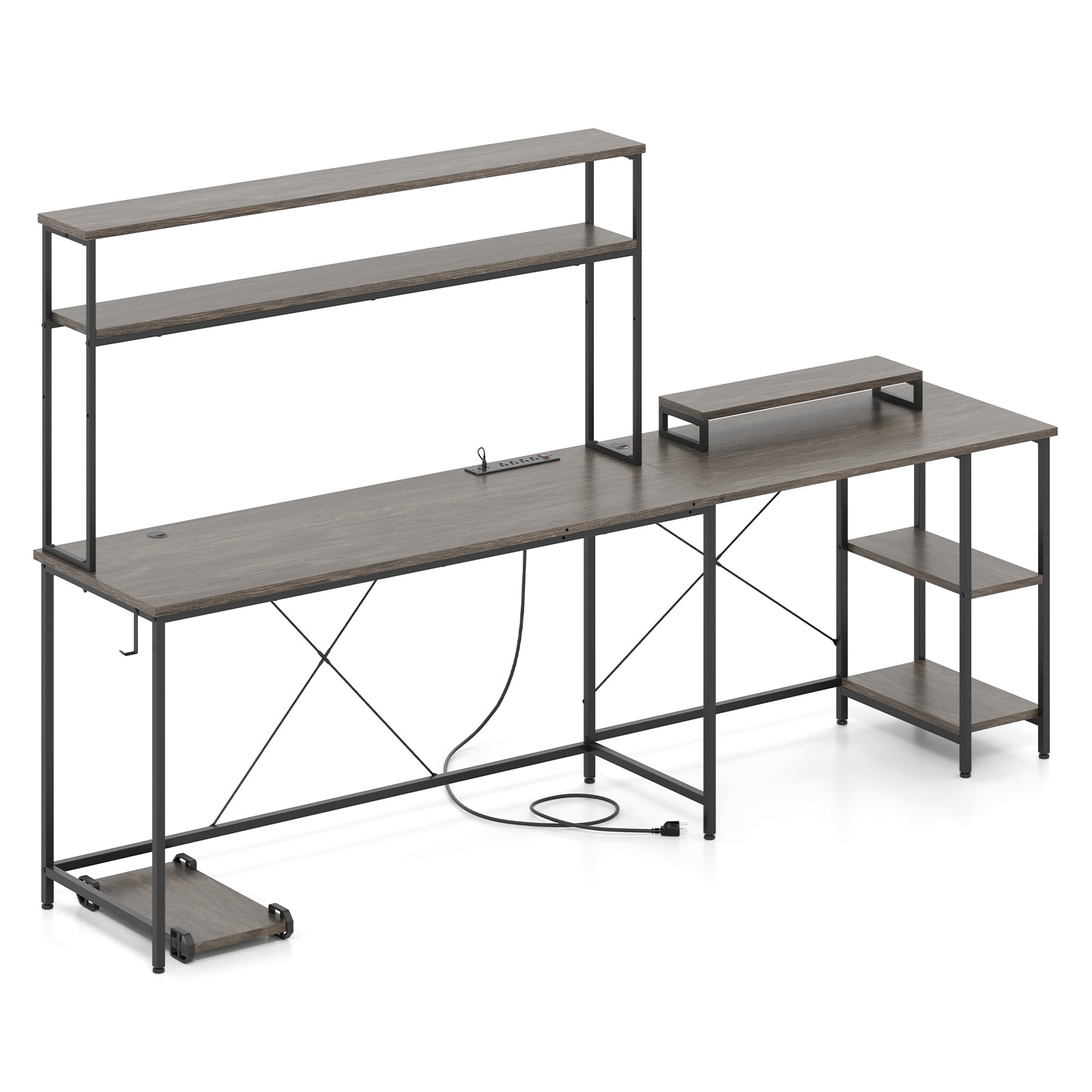 L-Shaped Reversible Gaming Desk with LED Strip and Power Outlets Hutch Monitor Stand, Gray L-Shaped Desks at Gallery Canada