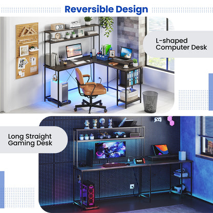 L-Shaped Reversible Gaming Desk with LED Strip and Power Outlets Hutch Monitor Stand, Gray L-Shaped Desks at Gallery Canada