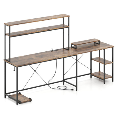 L-Shaped Reversible Gaming Desk with LED Strip and Power Outlets Hutch Monitor Stand, Rustic Brown L-Shaped Desks at Gallery Canada