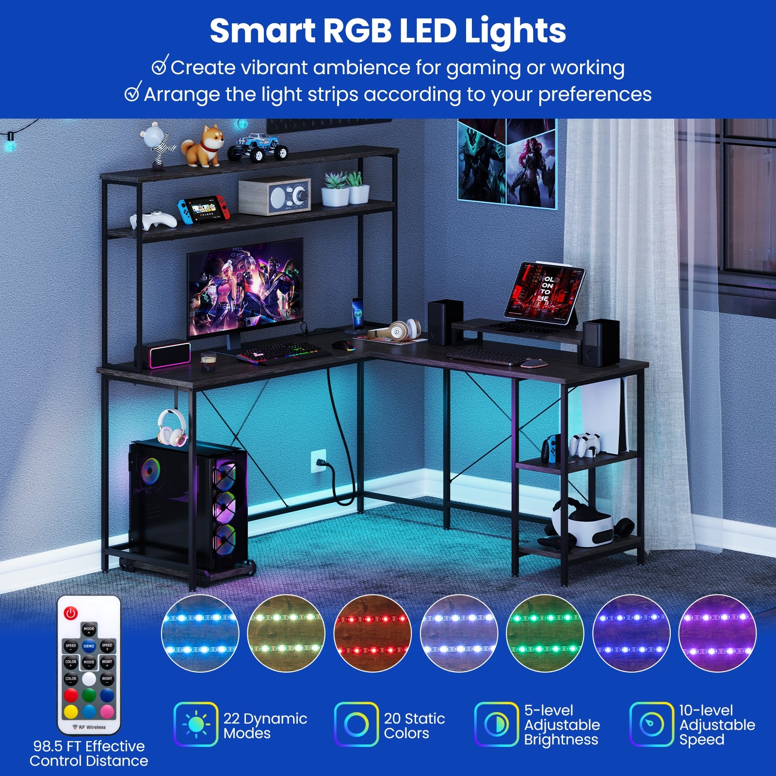 L-Shaped Reversible Gaming Desk, LED Strip, Power Outlets, Gray L-Shaped Desks at Gallery Canada