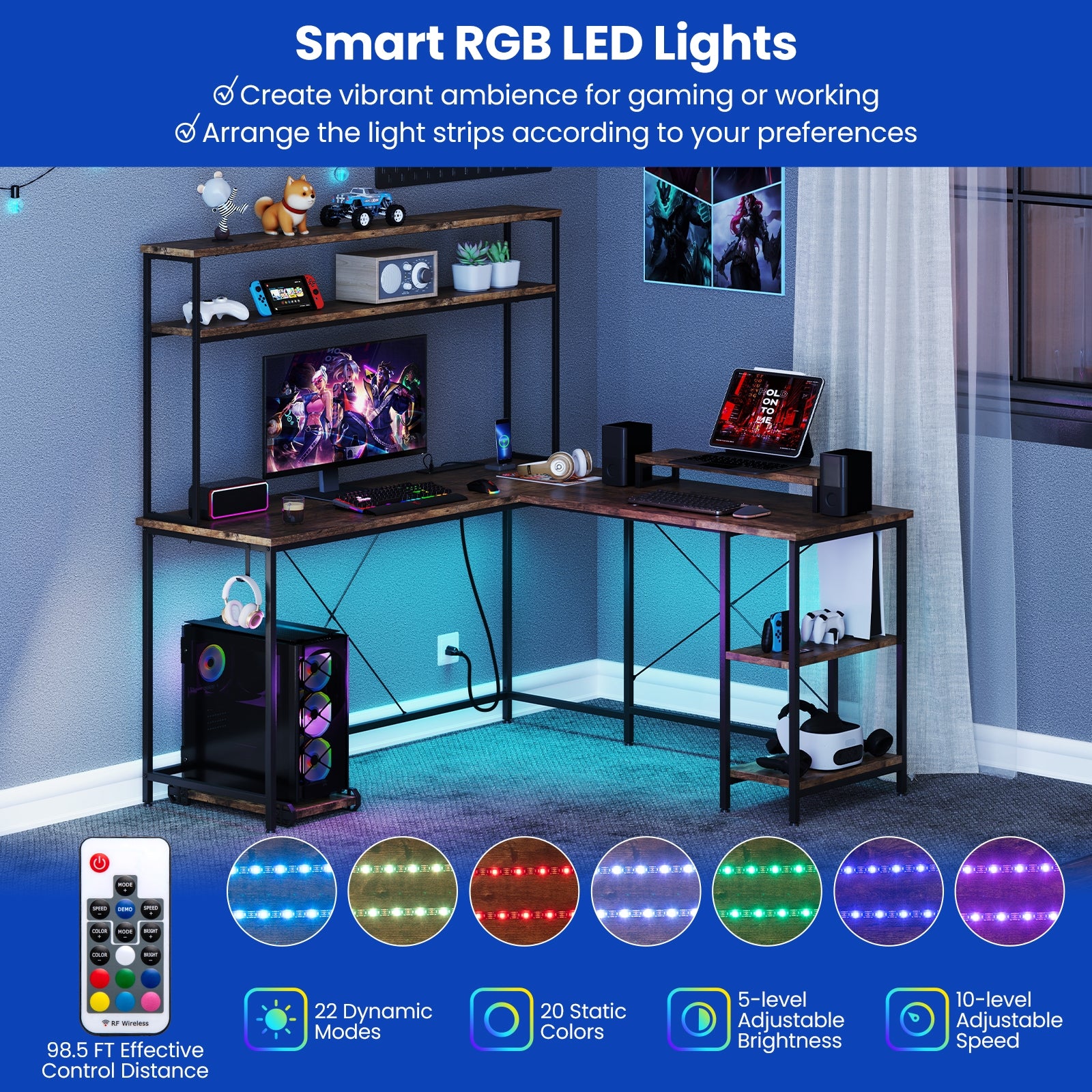 L-Shaped Reversible Gaming Desk with LED Strip and Power Outlets Hutch Monitor Stand, Rustic Brown L-Shaped Desks at Gallery Canada