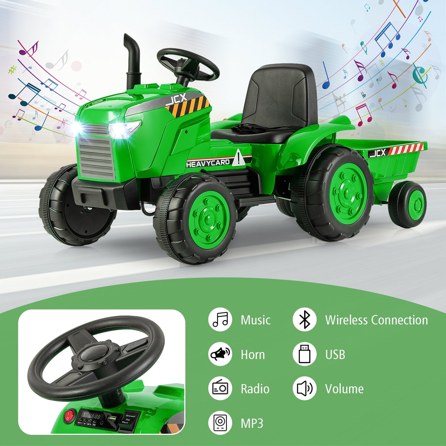 12V Kids Ride On Tractor with Trailer and Remote Control, Green Powered Ride On Toys at Gallery Canada