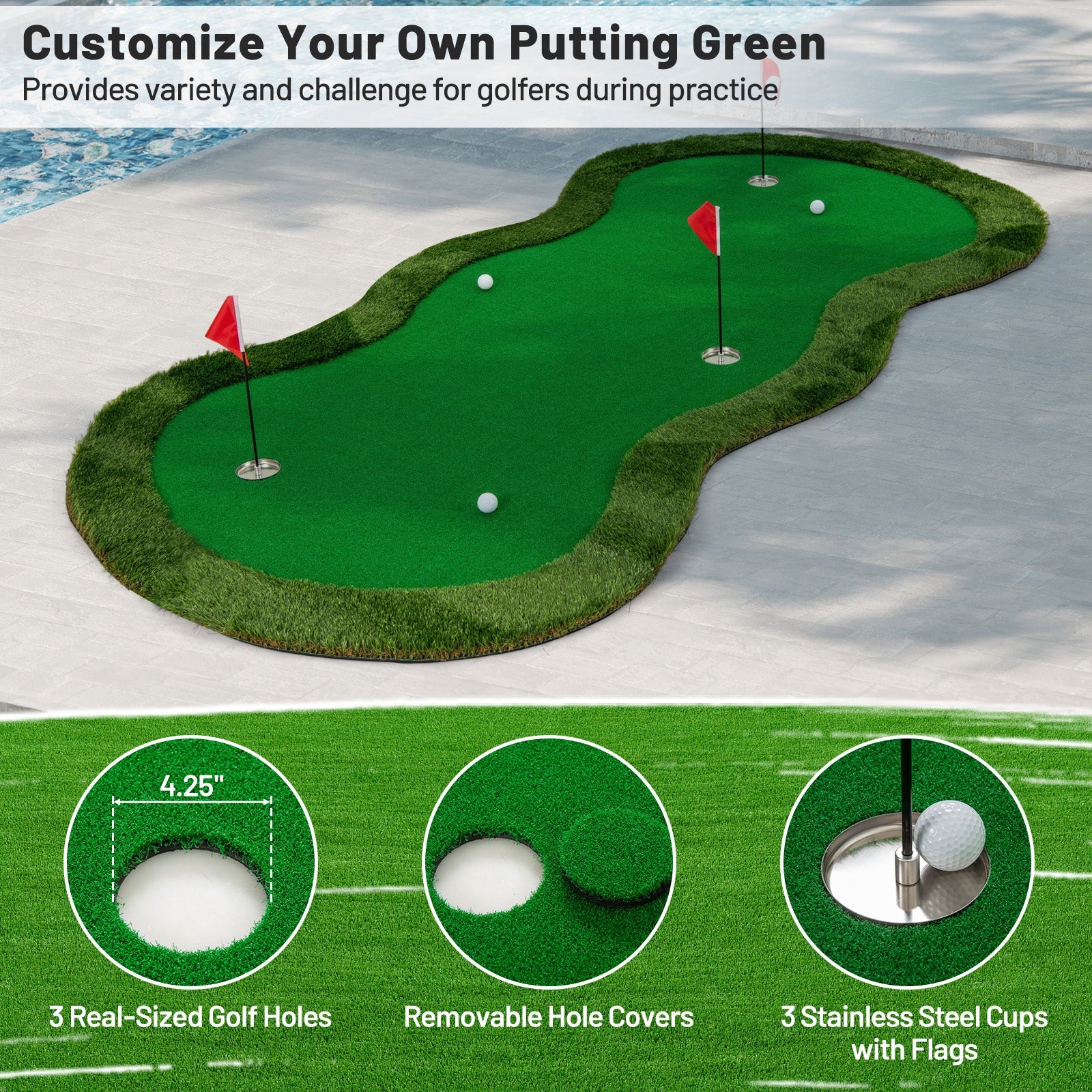 5 x 10 Feet Golf Practice Mat, 3 Holes, Green Golf at Gallery Canada